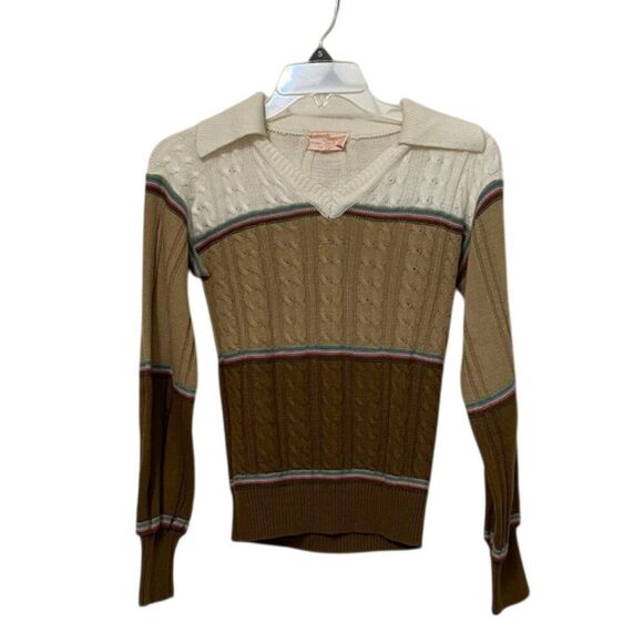 Fashion Import Vintage 1970s Tan Acrylic Knit Sweater Womens Size Small Collar - Picture 2 of 12